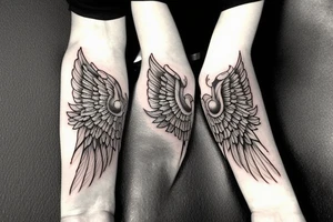 Forearm tattoo with wings and a crest tattoo idea