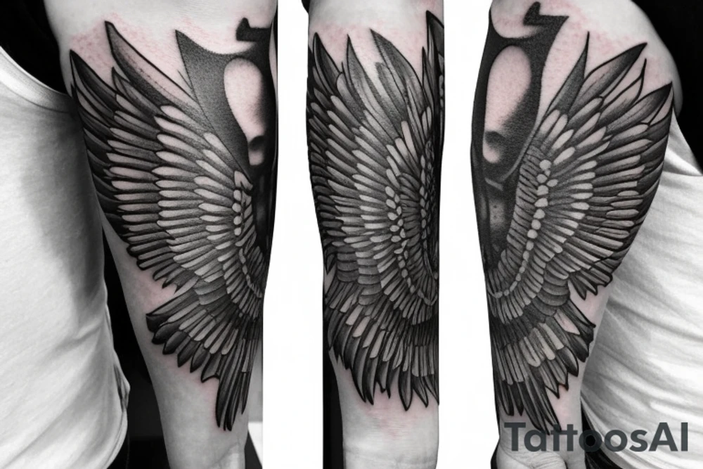 Forearm tattoo with spreader wings and a center crest tattoo idea
