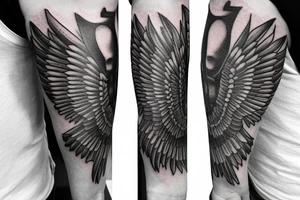 Forearm tattoo with spreader wings and a center crest tattoo idea