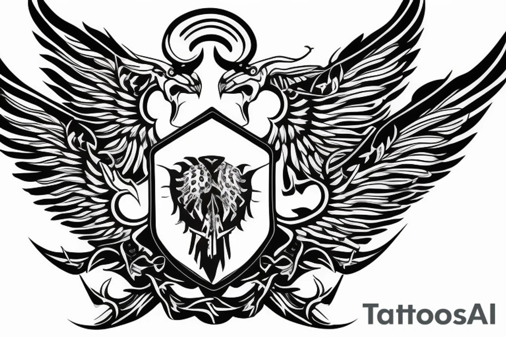 Forearm tattoo with spread wings and a center crest that depicts the USA, Scotland and Ireland tattoo idea