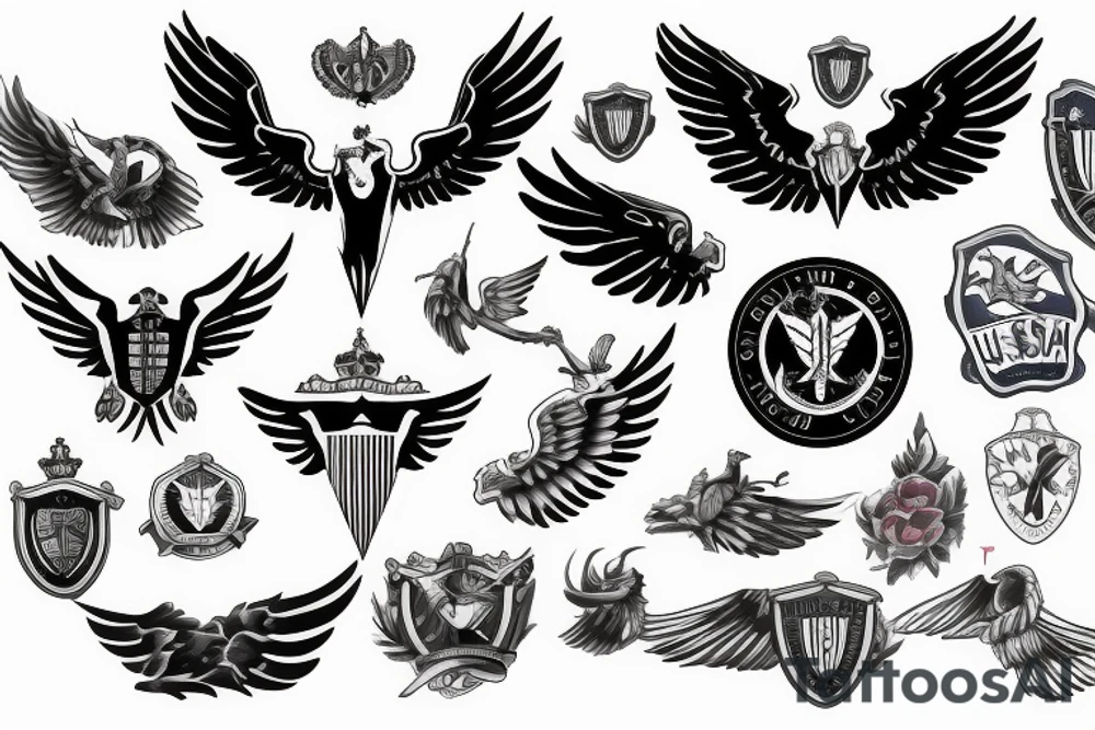 Forearm tattoo with spread wings and a center crest that depicts the USA, Scotland and Ireland flags tattoo idea