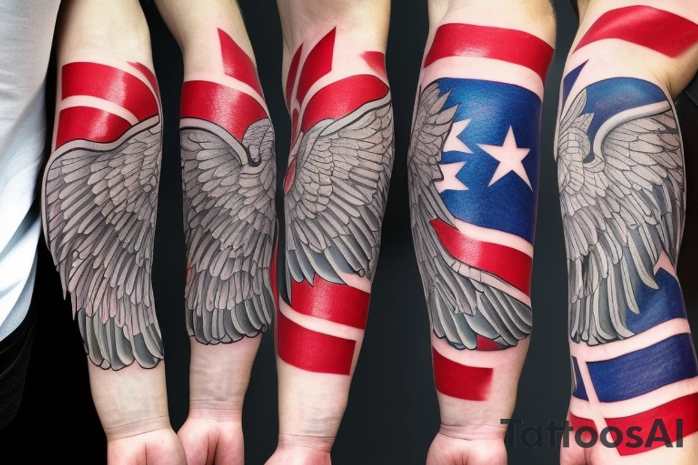 Forearm tattoo with spread wings and a center crest that depicts the USA, Scotland and Ireland flags tattoo idea