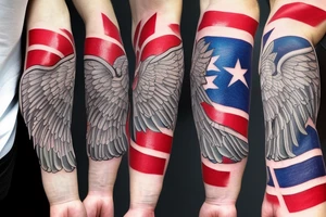 Forearm tattoo with spread wings and a center crest that depicts the USA, Scotland and Ireland flags tattoo idea