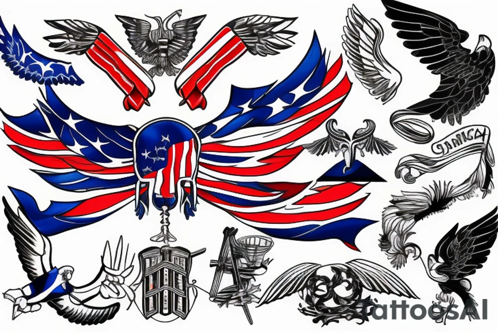Forearm tattoo with spread wings and a center crest that depicts the USA, Scotland and Ireland flags tattoo idea