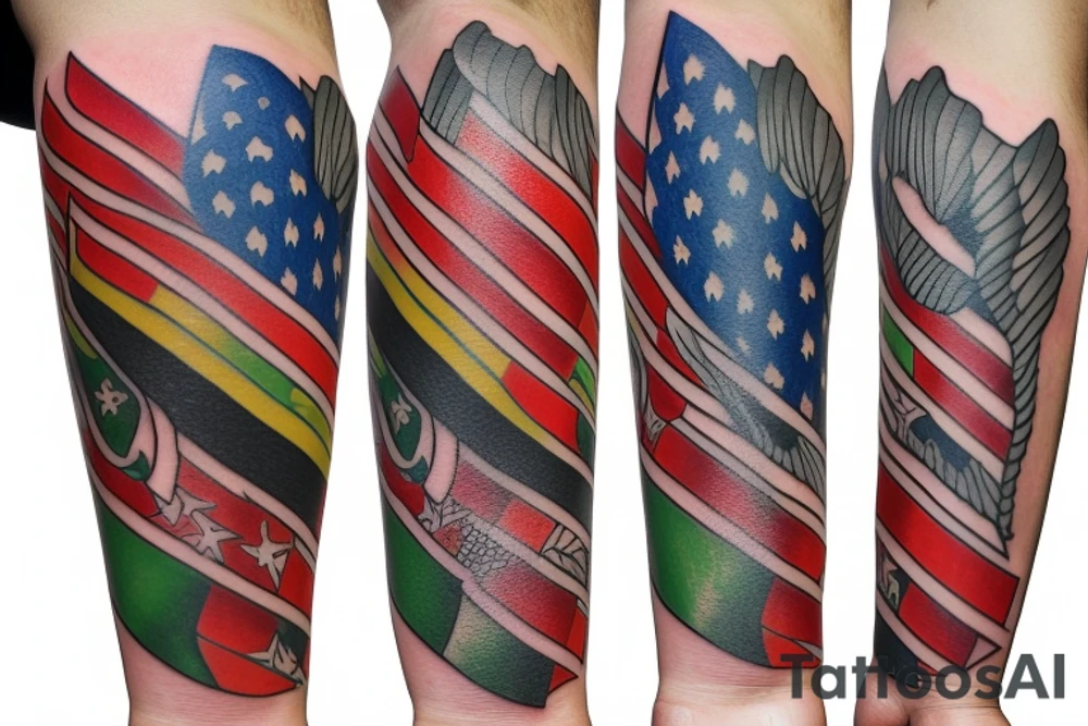 Forearm tattoo with spread wings and a center crest that depicts the USA, Scotland and Ireland flags tattoo idea