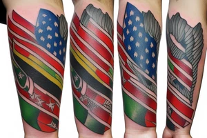 Forearm tattoo with spread wings and a center crest that depicts the USA, Scotland and Ireland flags tattoo idea