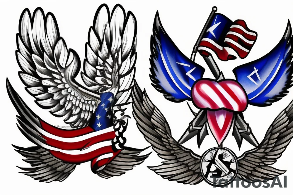 Forearm tattoo with spread wings and a center crest that depicts the USA, Scotland and Ireland flags tattoo idea
