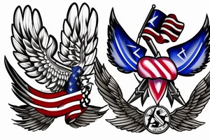 Forearm tattoo with spread wings and a center crest that depicts the USA, Scotland and Ireland flags tattoo idea