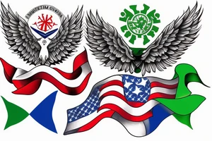 Forearm tattoo with spread wings and a center crest that depicts the USA, Scotland and Ireland flags tattoo idea