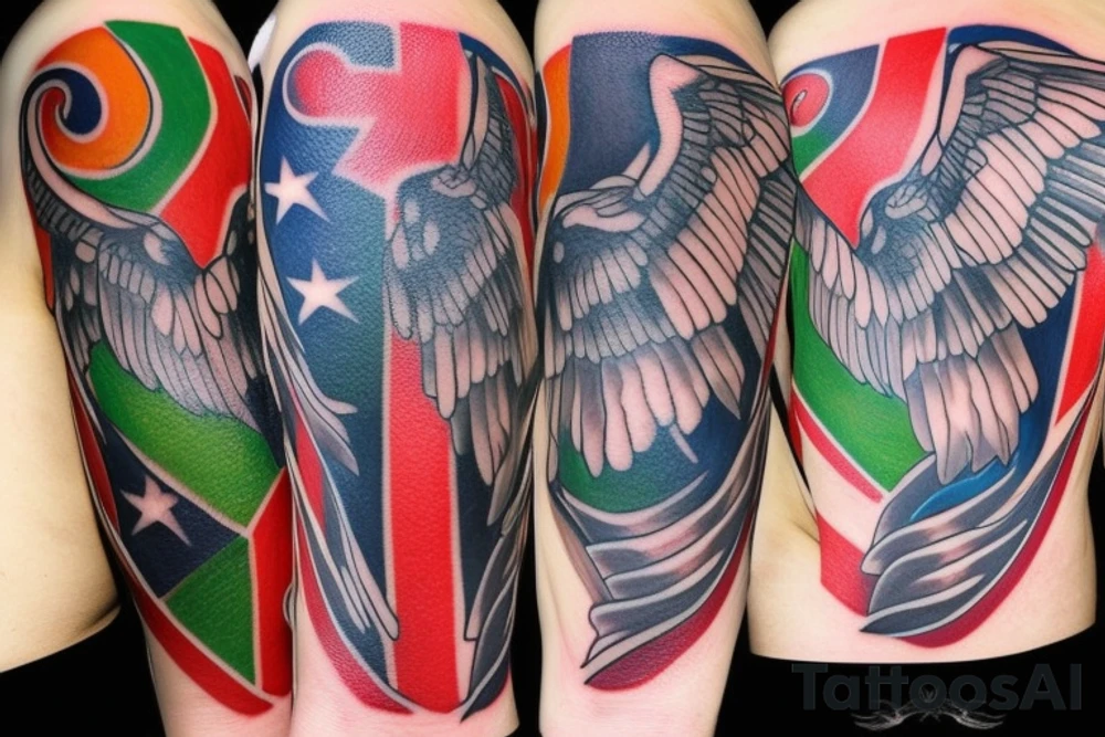Forearm tattoo with spread wings and a center crest that depicts the USA, Scotland and Ireland flags tattoo idea