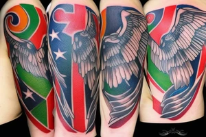 Forearm tattoo with spread wings and a center crest that depicts the USA, Scotland and Ireland flags tattoo idea