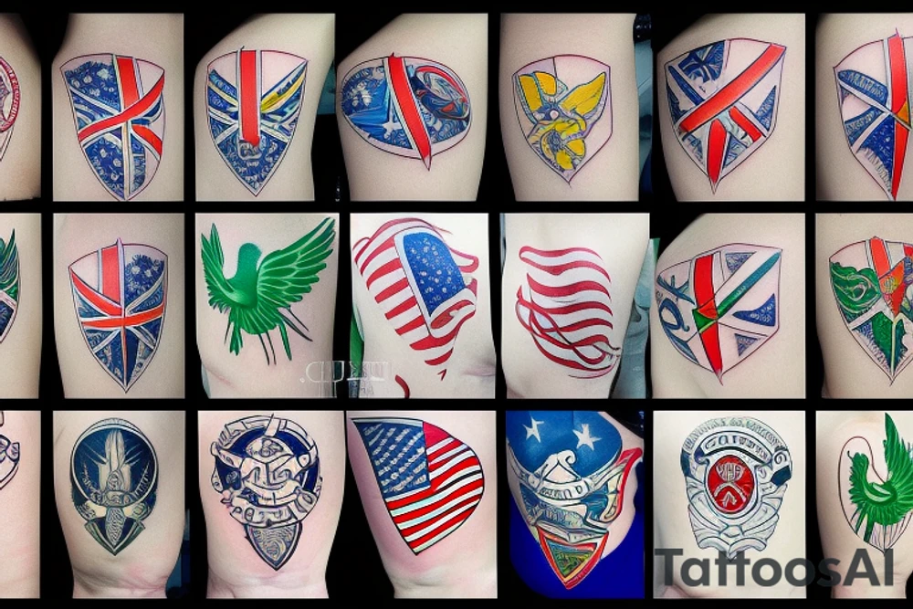 Forearm tattoo with spread wings and a center crest that depicts the USA, Scotland and Ireland flags tattoo idea