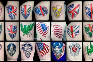 Forearm tattoo with spread wings and a center crest that depicts the USA, Scotland and Ireland flags tattoo idea