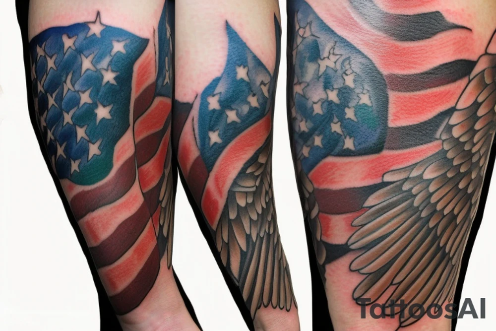 Forearm tattoo with spread wings and a center crest that depicts the USA, Scotland and Ireland flags tattoo idea