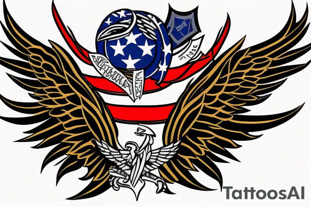 Forearm tattoo with spread wings and a center crest that depicts the USA, Scotland and Ireland flags tattoo idea