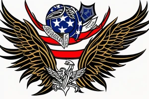 Forearm tattoo with spread wings and a center crest that depicts the USA, Scotland and Ireland flags tattoo idea