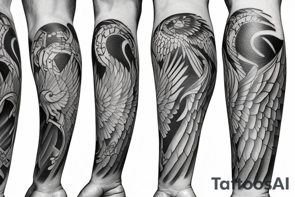 Forearm tattoo with spread wings and a center crest that depicts the USA, Scottish and Irish flags tattoo idea