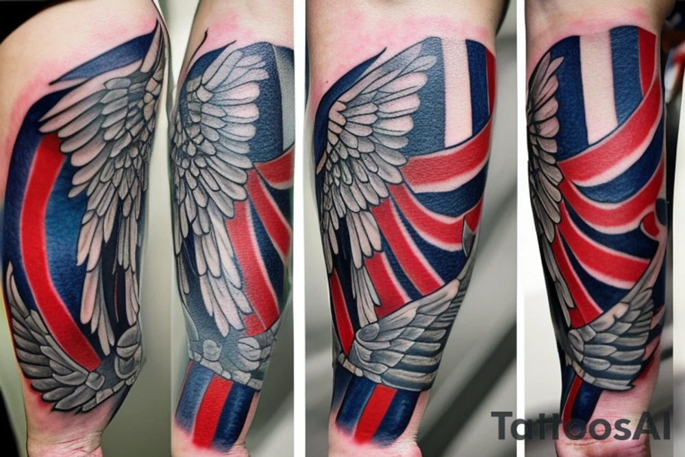 Forearm tattoo with spread wings and a center crest that depicts the USA, Scottish and Irish flags tattoo idea
