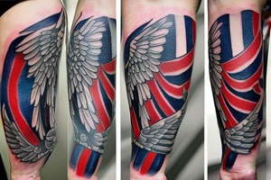 Forearm tattoo with spread wings and a center crest that depicts the USA, Scottish and Irish flags tattoo idea