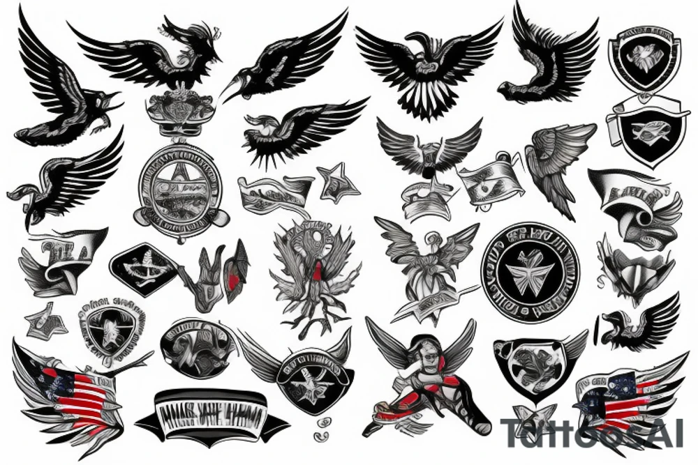 Forearm tattoo with spread wings and a center crest that depicts the USA, Scottish and Irish flags tattoo idea