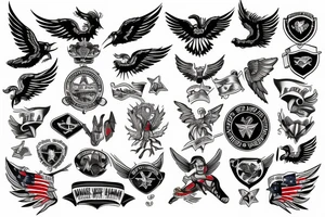 Forearm tattoo with spread wings and a center crest that depicts the USA, Scottish and Irish flags tattoo idea