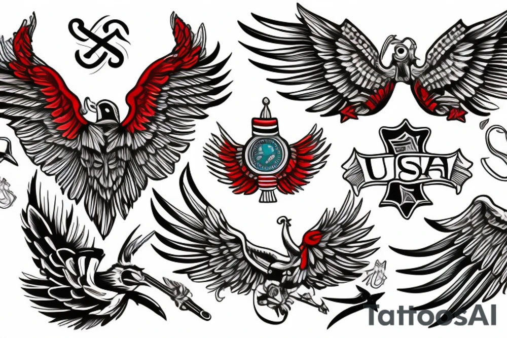 Forearm tattoo with spread wings and a center crest that depicts the USA, Scottish and Irish flags tattoo idea