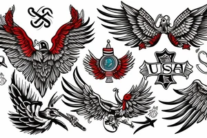 Forearm tattoo with spread wings and a center crest that depicts the USA, Scottish and Irish flags tattoo idea