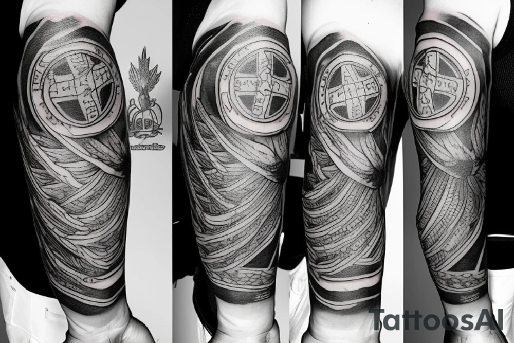 Forearm tattoo with spread wings and a center crest that depicts the USA, Scottish and Irish flags tattoo idea