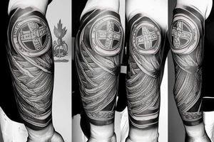 Forearm tattoo with spread wings and a center crest that depicts the USA, Scottish and Irish flags tattoo idea