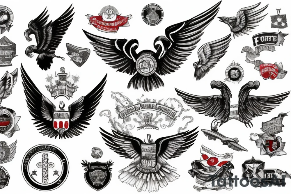 Forearm tattoo with spread wings and a center crest that depicts the USA, Scottish and Irish flags tattoo idea