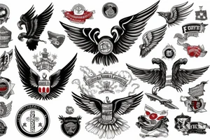 Forearm tattoo with spread wings and a center crest that depicts the USA, Scottish and Irish flags tattoo idea