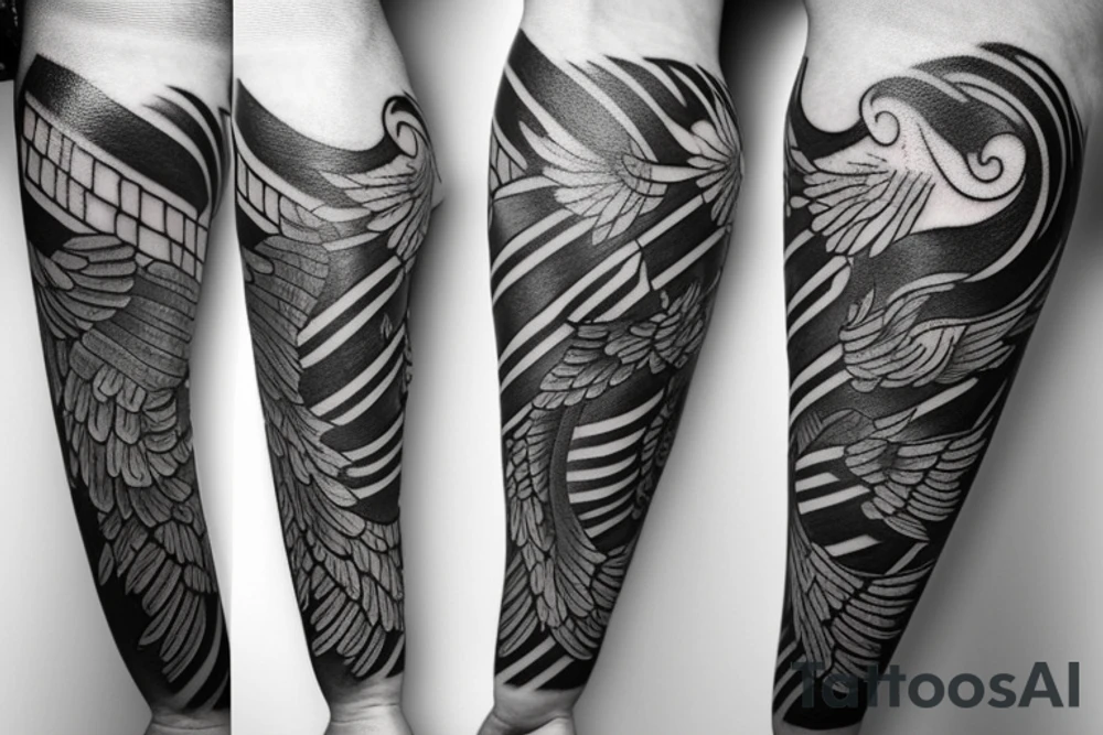 Forearm tattoo with spread wings and a center crest that depicts the USA, Scottish and Irish flags tattoo idea