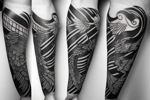 Forearm tattoo with spread wings and a center crest that depicts the USA, Scottish and Irish flags tattoo idea
