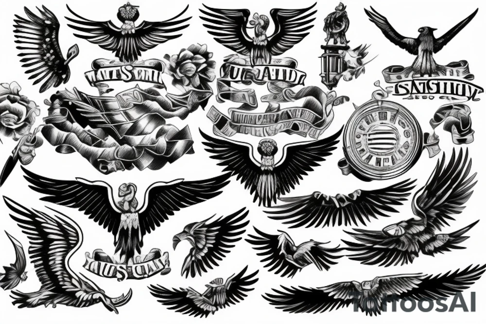 Forearm tattoo with spread wings and a center crest that depicts the USA, Scottish and Irish flags tattoo idea
