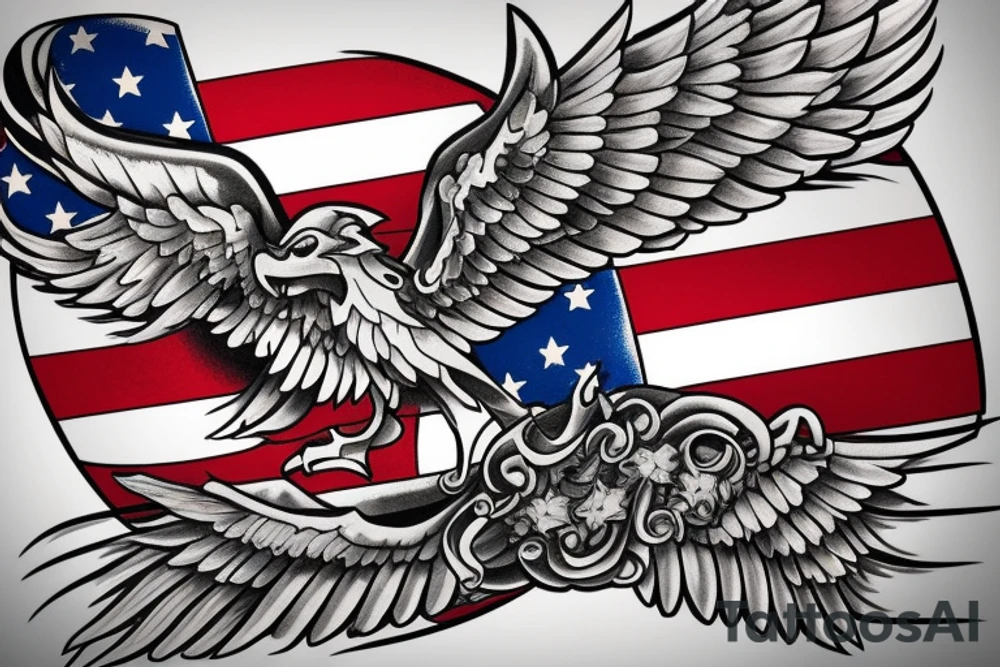 Forearm tattoo with spread wings and a center crest that depicts the USA, Scottish and Irish flags tattoo idea