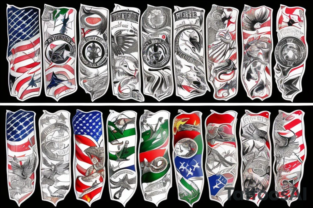 Forearm tattoo with spread wings and a center crest that depicts the USA, Scottish and Irish flags tattoo idea