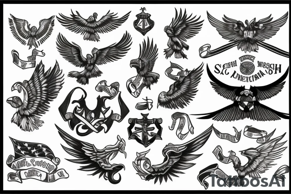 Spread wings with center crest depicting the US Scottish and Irish flags tattoo idea