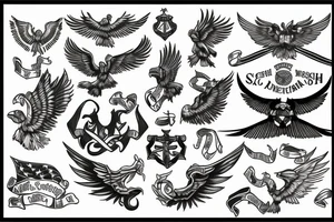 Spread wings with center crest depicting the US Scottish and Irish flags tattoo idea