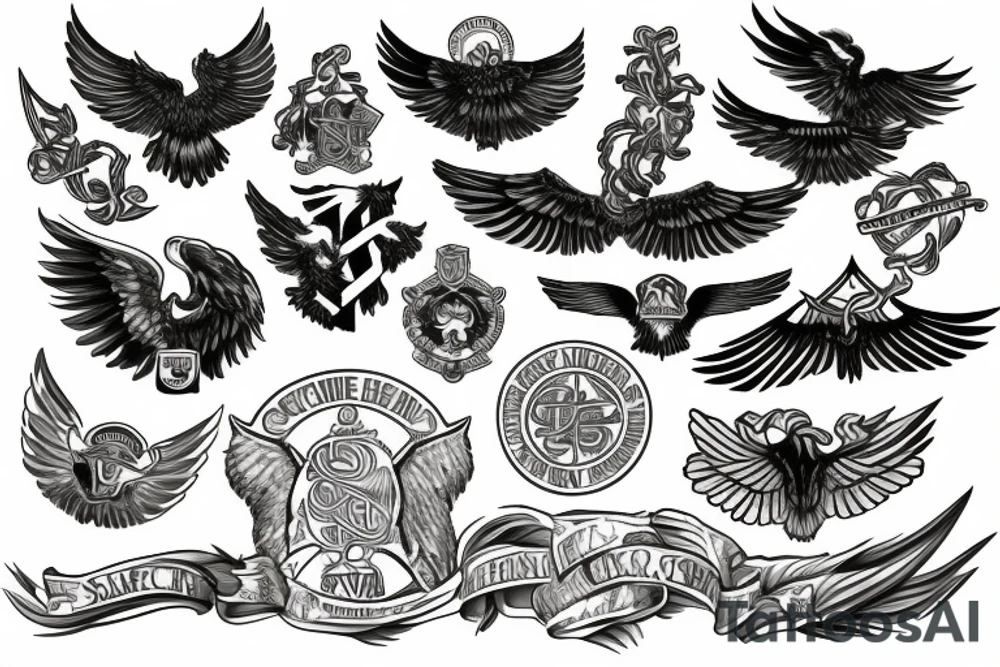 Spread wings with center crest depicting the US Scottish and Irish flags tattoo idea