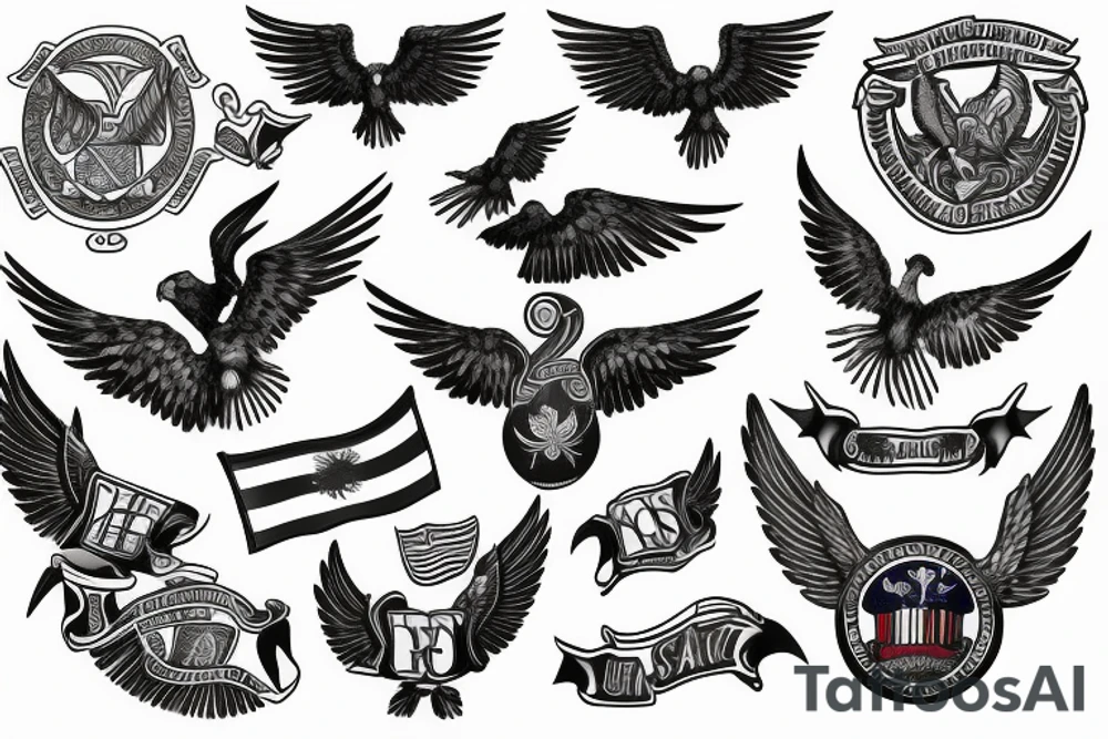 Spread wings with center crest depicting the US Scottish and Irish flags tattoo idea