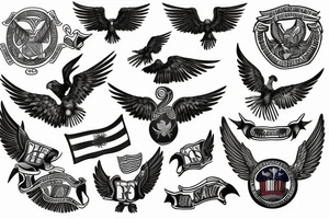 Spread wings with center crest depicting the US Scottish and Irish flags tattoo idea