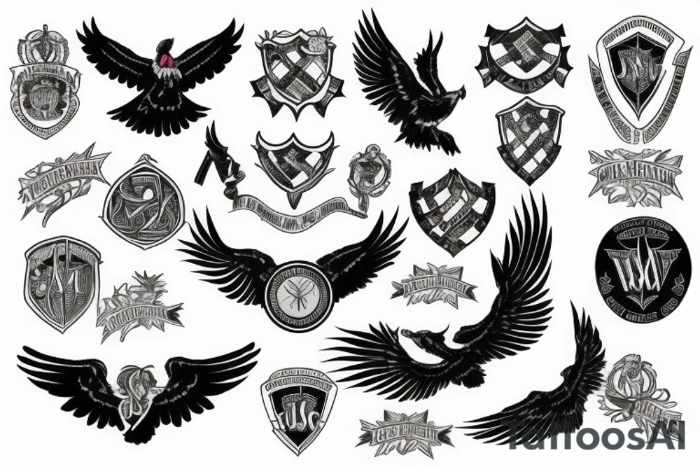 Spread wings with center crest depicting the US Scottish and Irish flags tattoo idea