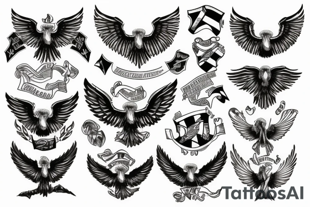 Spread wings with center crest depicting the US Scottish and Irish flags tattoo idea