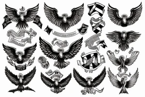 Spread wings with center crest depicting the US Scottish and Irish flags tattoo idea