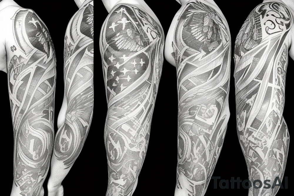 Spread wings with center crest depicting the US Scottish and Irish flags tattoo idea