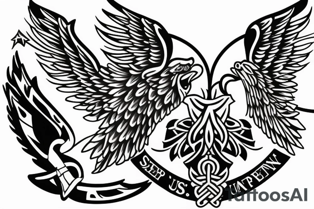 Spread wings with center crest depicting the US Scottish and Irish flags tattoo idea
