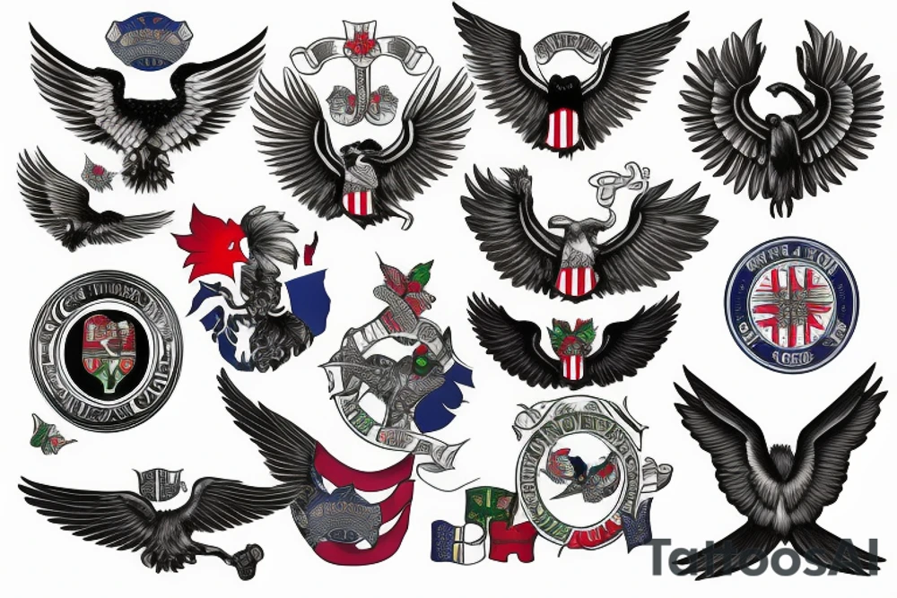 Spread wings with center crest depicting the US Scottish and Irish flags tattoo idea