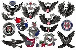 Spread wings with center crest depicting the US Scottish and Irish flags tattoo idea