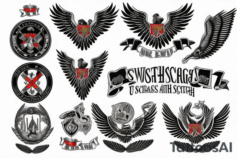 Spread wings with center crest depicting the US Scottish and Irish flags tattoo idea