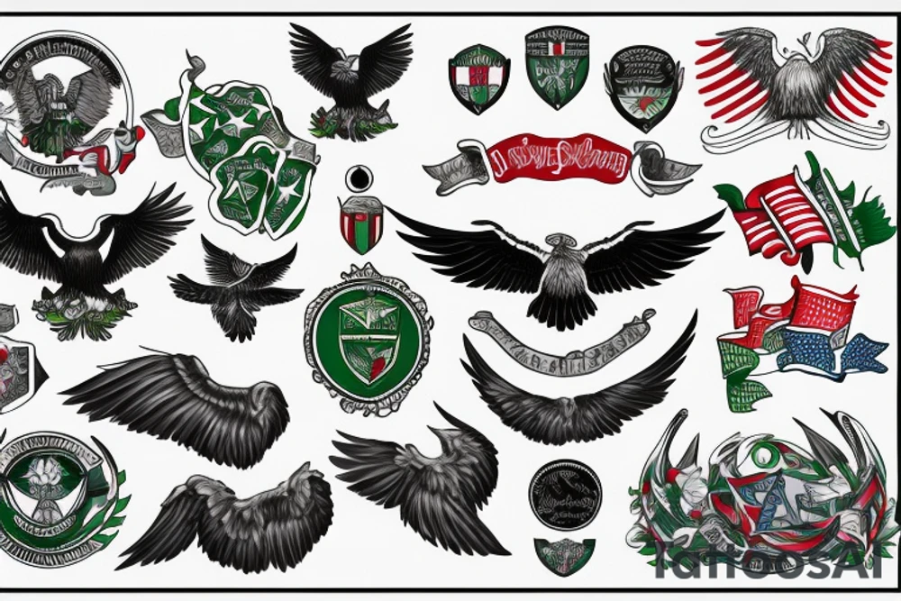 Spread wings with center crest depicting the US Scottish and Irish flags tattoo idea